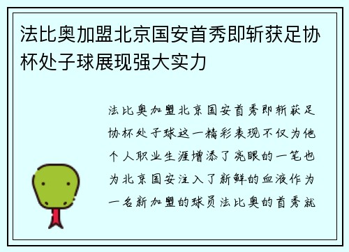 法比奥加盟北京国安首秀即斩获足协杯处子球展现强大实力