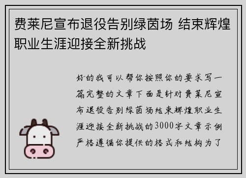 费莱尼宣布退役告别绿茵场 结束辉煌职业生涯迎接全新挑战 费莱尼宣布退役告别绿茵场 结束辉煌职业生涯迎接全新挑战